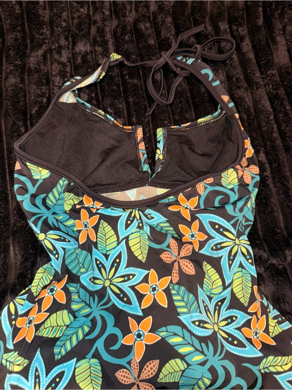 Floral Swimwear in Teal, Orange & Lime on Black - Picture 4 of 5